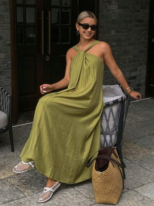 Olive Green Twist Neck Maxi Dress for Women – Casual Summer Loose Fit Dress
