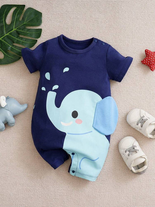 Baby Elephant Print Short Sleeve Romper – Soft Cotton Blend Infant Jumpsuit – Snap Shoulder – Navy Blue