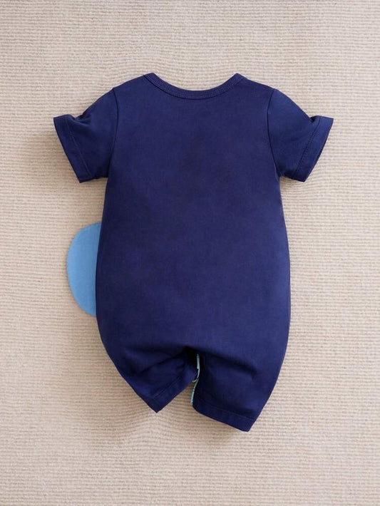 Baby Elephant Print Short Sleeve Romper – Soft Cotton Blend Infant Jumpsuit – Snap Shoulder – Navy Blue
