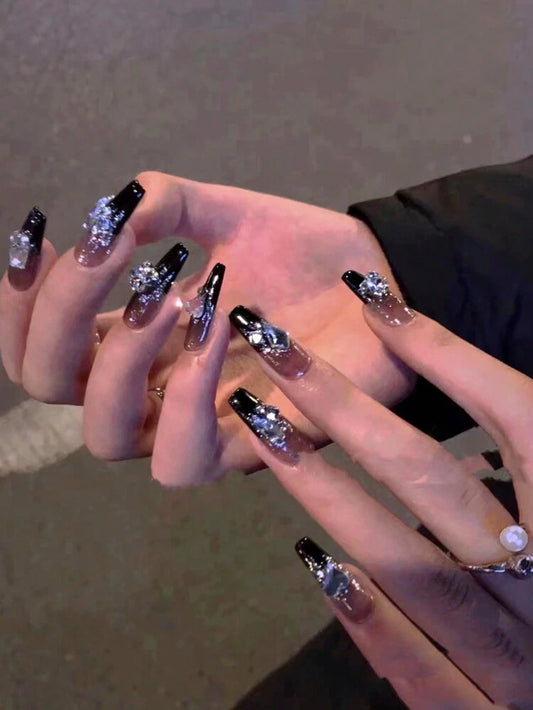 24PCS Black Glitter Rhinestone Press On Nails â€“ Long Coffin Glam Design