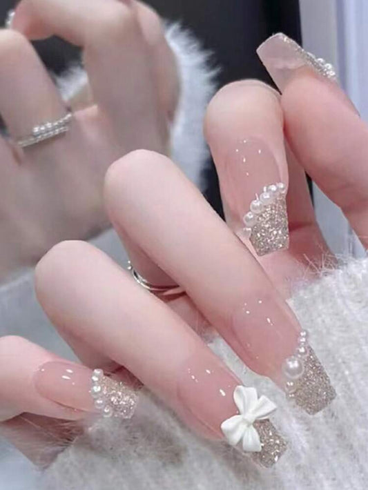 24PCS Nude Glitter Pearl Bow Press On Nails â€“ Long Square Luxury Design