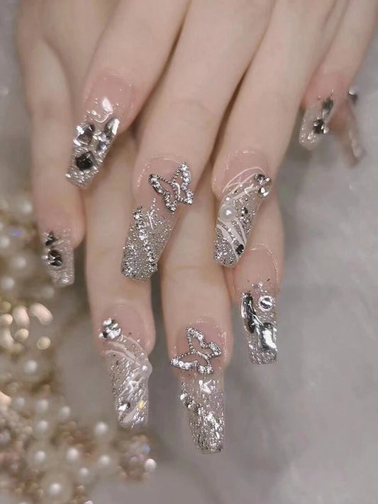 24PCS Silver Glitter Butterfly Press On Nails â€“ Long Square Luxury Design