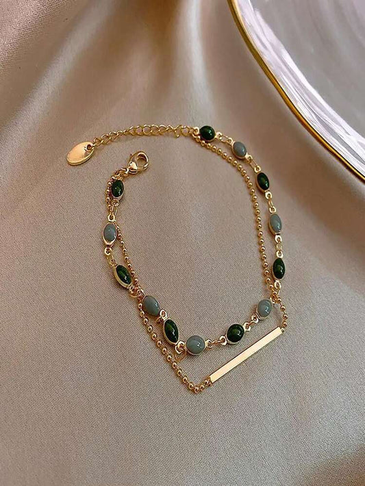 Gold Tone Double Layer Anklet – Green and Gray Beaded Chain Anklet with Bar Detail – Elegant Women Foot Jewelry