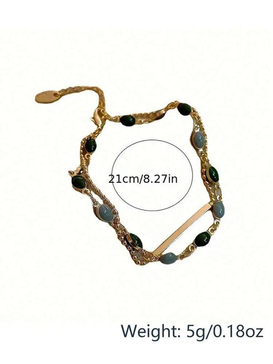 Gold Tone Double Layer Anklet – Green and Gray Beaded Chain Anklet with Bar Detail – Elegant Women Foot Jewelry