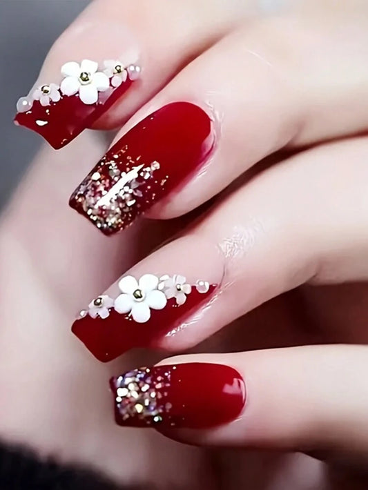 24PCS Red Floral Glitter Press On Nails â€“ Square Shape
