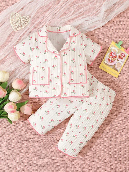 Baby Girl 2-Piece Floral Pajama Set – Short Sleeve Button-Up Top & Long Pants Sleepwear Set