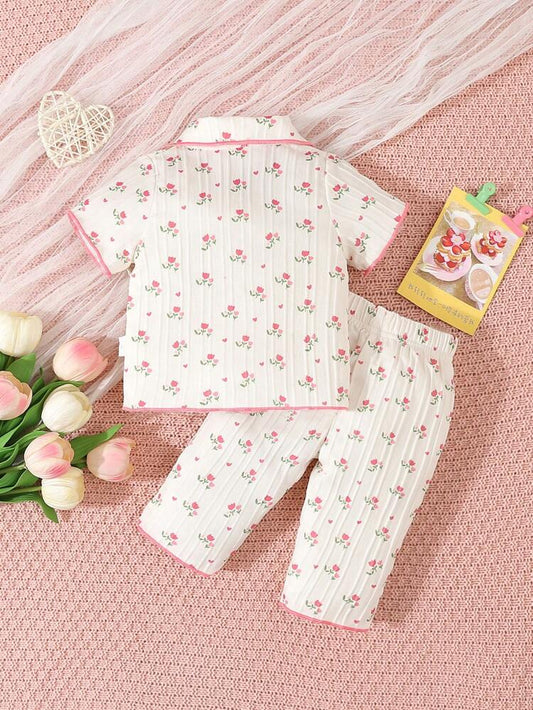 Baby Girl 2-Piece Floral Pajama Set – Short Sleeve Button-Up Top & Long Pants Sleepwear Set