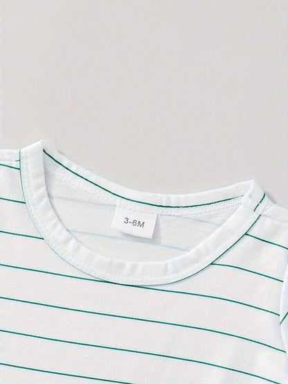 Baby Boys Striped Bodysuit & Sage Green Overall Shorts Set – 2-Piece Summer Outfit