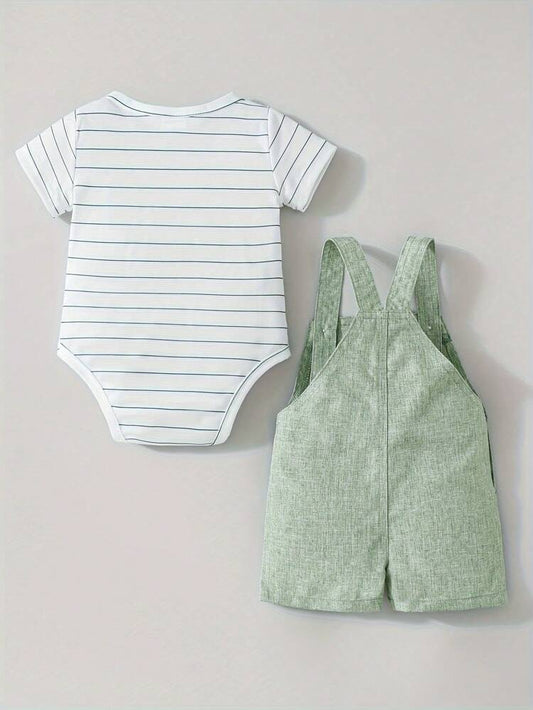 Baby Boys Striped Bodysuit & Sage Green Overall Shorts Set – 2-Piece Summer Outfit