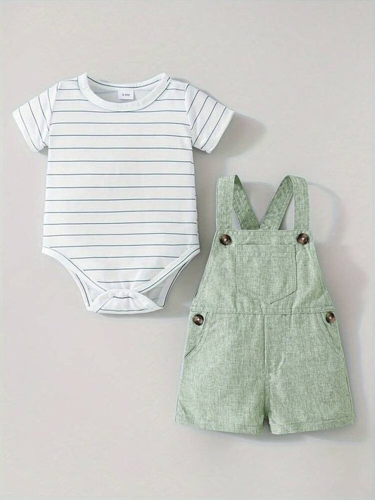 Baby Boys Striped Bodysuit & Sage Green Overall Shorts Set – 2-Piece Summer Outfit