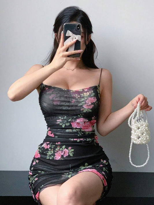 Black Floral Mesh Bodycon Mini Dress – Spaghetti Strap Ruched Party Dress for Women