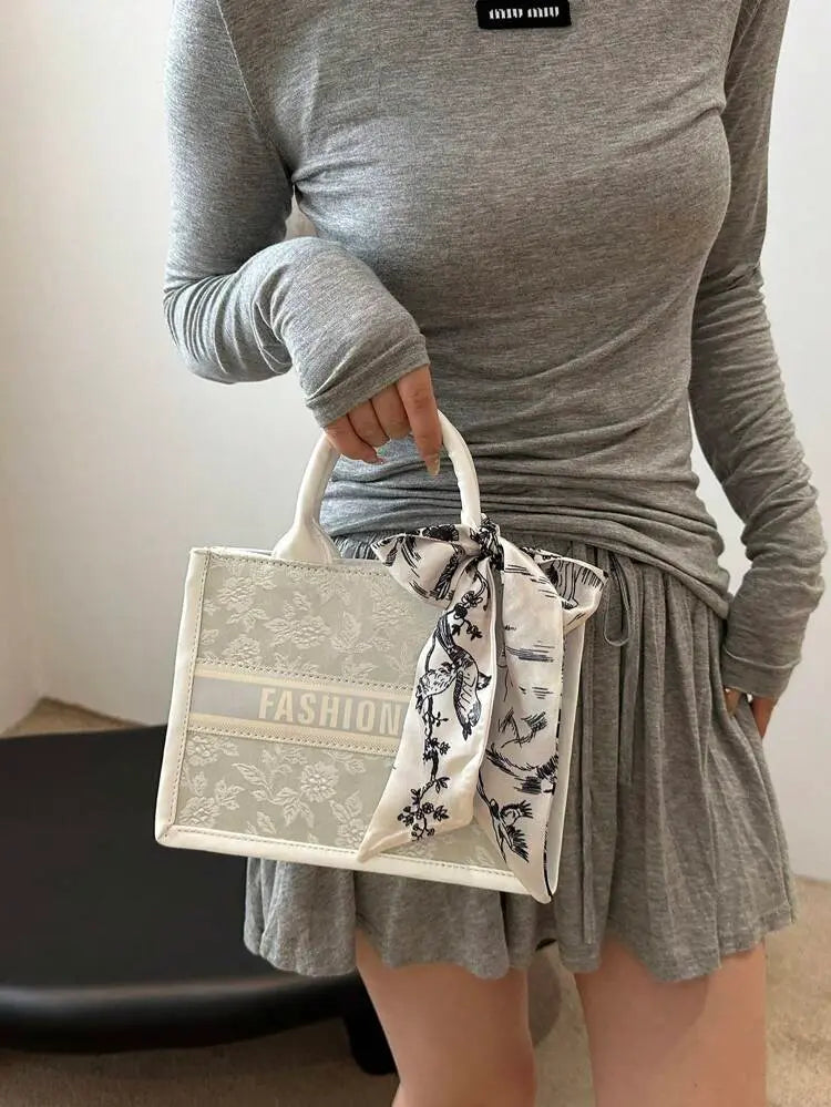 Elegant Structured Handbag with Printed Scarf Bow â€“ Classic Chic Style | Delicado
