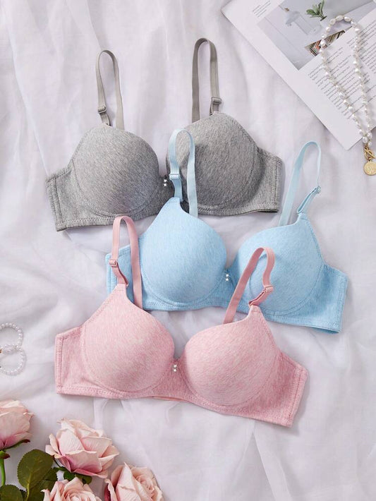 3-Pack Wireless Cotton Blend T-Shirt Bras for Women – Soft Everyday Comfort Bra Set – Shein Style Basic Lingerie