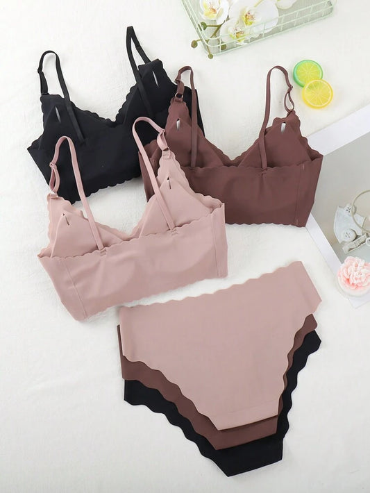 3-Pack Seamless Wireless Bra & Panty Set for Women – Soft Comfort Lingerie – Scalloped Edge – Shein Style Underwear Set