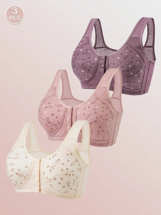 3-Pack Front Closure Cotton Comfort Bras for Women – Wireless Full Coverage Bra Set – Floral Print Shein Style Everyday Lingerie