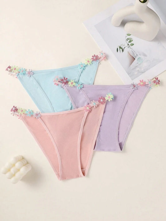 3-Pack Ribbed Floral Side String Panties for Women – Soft Stretch Bikini Briefs – Cute Pastel Lingerie – Shein Style Underwear Set