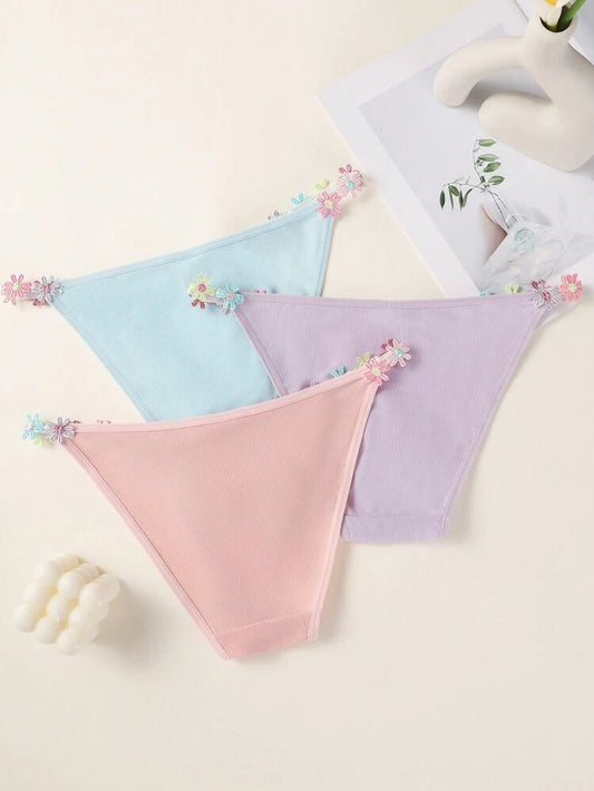 3-Pack Ribbed Floral Side String Panties for Women – Soft Stretch Bikini Briefs – Cute Pastel Lingerie – Shein Style Underwear Set