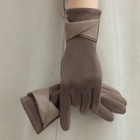 Women Winter Gloves â€“ Soft Fleece Warm Touch Screen Gloves with Cross Leather Detail Brown