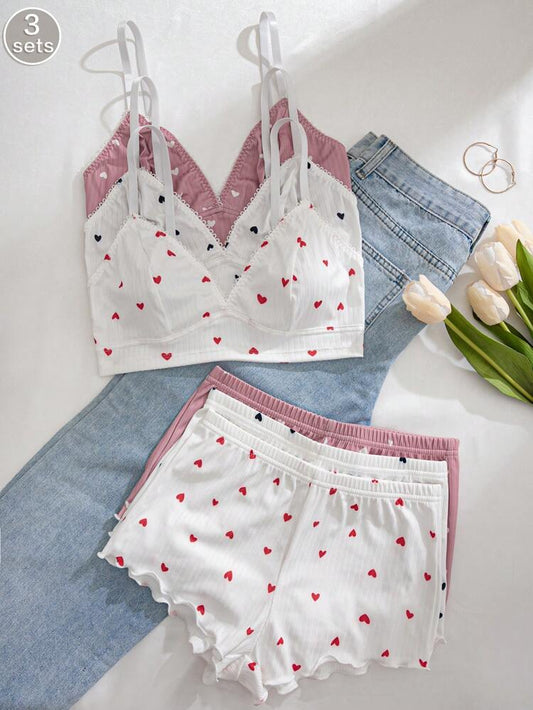 3-Pack Heart Print Cami Top & Shorts Pajama Set for Women – Soft Ribbed Sleepwear – Cute Lounge Set – Shein Style Nightwear