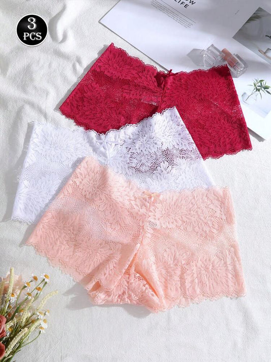 3-Pack Floral Lace Boyshort Panties for Women – Soft Stretch Lingerie – Full Lace Briefs – Shein Style Underwear Set