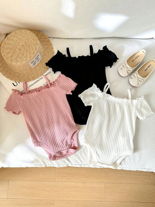 Baby Girl Ribbed Off-Shoulder Bodysuit – Ruffle Trim Short Sleeve Romper