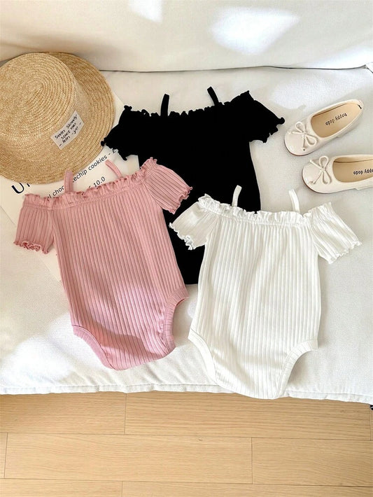 Baby Girl Ribbed Off-Shoulder Bodysuit – Ruffle Trim Short Sleeve Romper