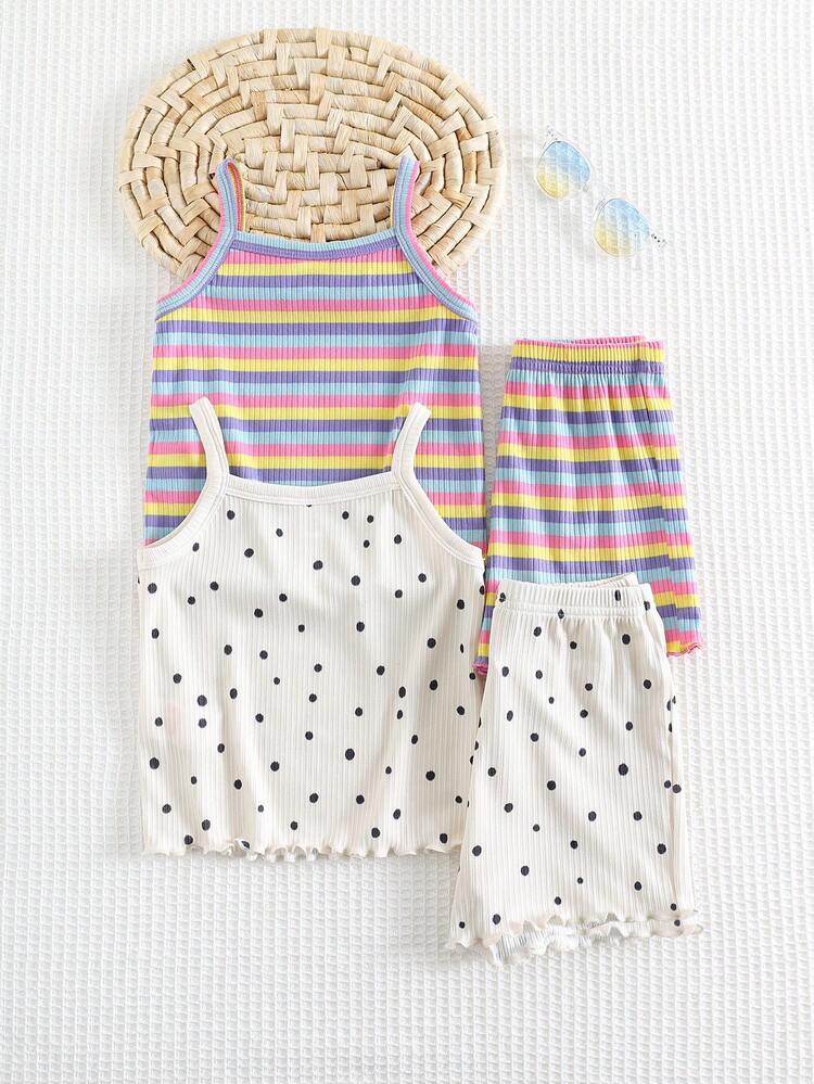 2-Pack Baby Girl Ribbed Summer Outfit Set – Rainbow Stripe & Polka Dot Cami Top with Shorts Sets