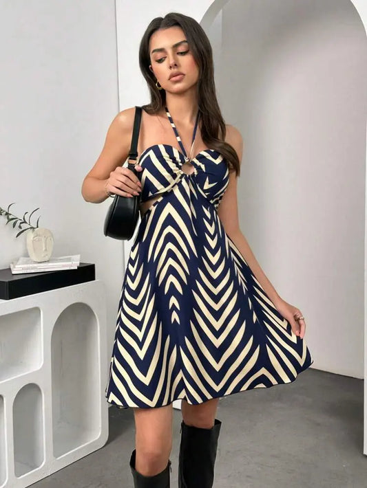Shein Geometric Halter Mini Dress with Ring Detail â€“ Flared Fit | Delicado