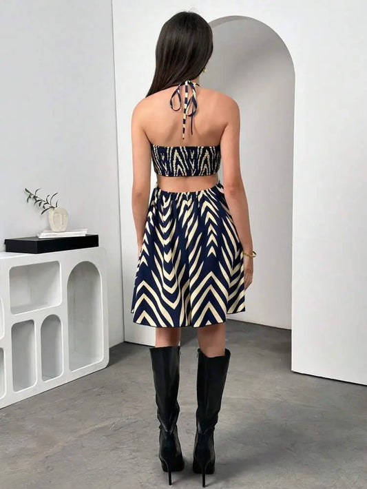 Shein Geometric Halter Mini Dress with Ring Detail â€“ Flared Fit | Delicado