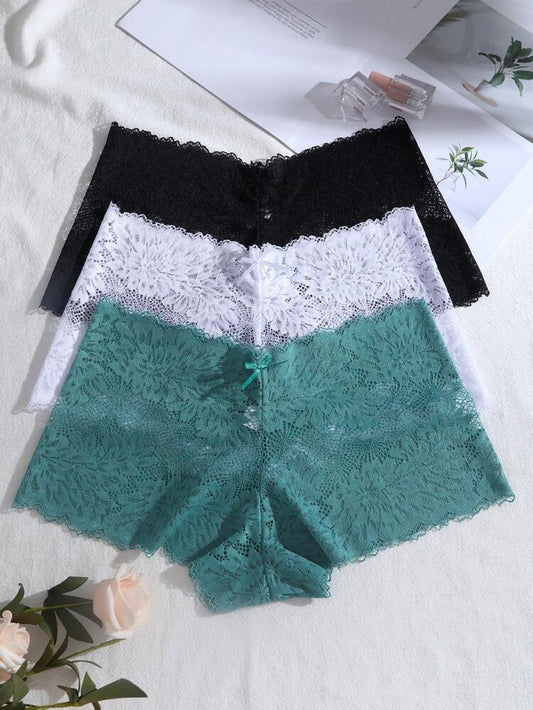 3-Pack Floral Lace Boyshort Panties for Women – Soft Stretch Lingerie – Full Lace Briefs – Shein Style Underwear Set