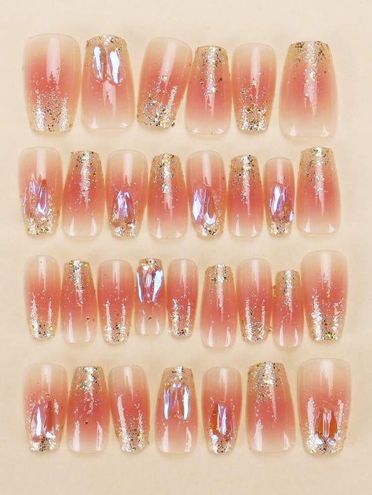 Glitter Gradient Press-On Nails – Nude Pink Sparkle Long Acrylic Style