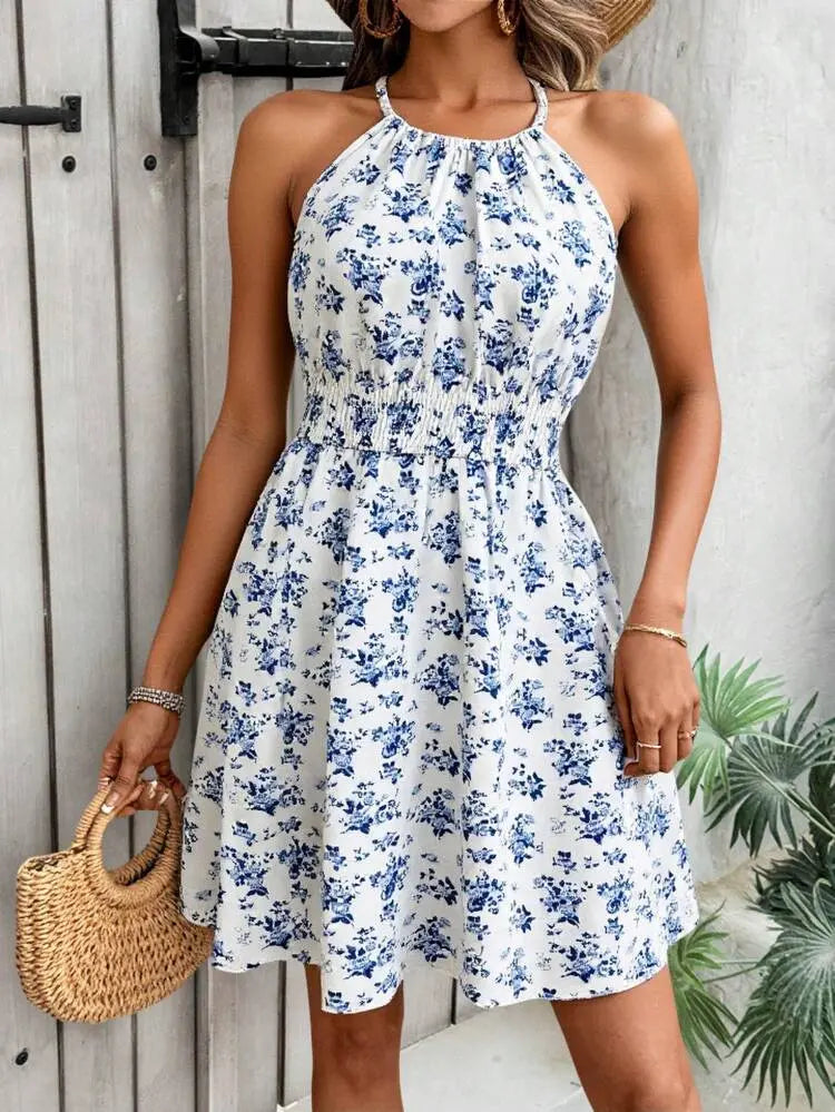 Shein Floral Back Tie Mini Dress with Elastic Waist â€“ Sleeveless | Delicado