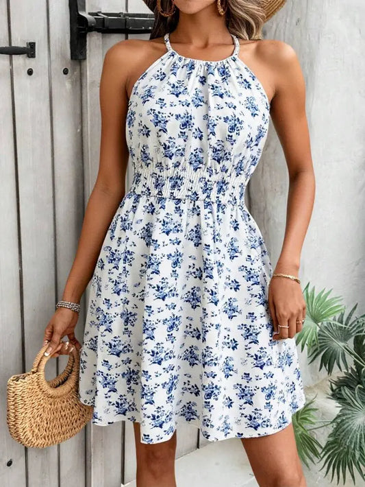 Shein Floral Back Tie Mini Dress with Elastic Waist â€“ Sleeveless | Delicado