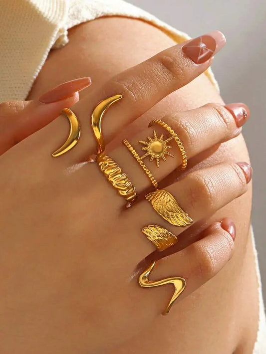 7-Piece Gold Open Rings Set â€“ Sun, Moon & Wave Design