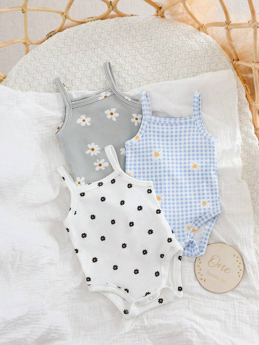 3-Pack Baby Girl Ribbed Bodysuit Set – Daisy Print & Blue Gingham Sleeveless Summer Onesies