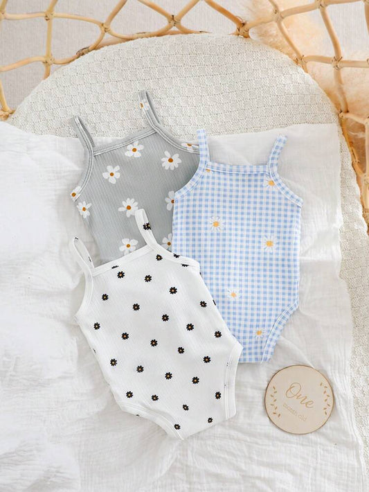 3-Pack Baby Girl Ribbed Bodysuit Set – Daisy Print & Blue Gingham Sleeveless Summer Onesies
