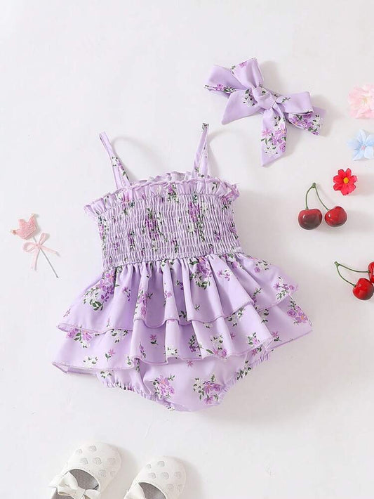 Baby Girls Floral Ruffle Romper Dress with Matching Bow – Lilac Purple Summer Outfit