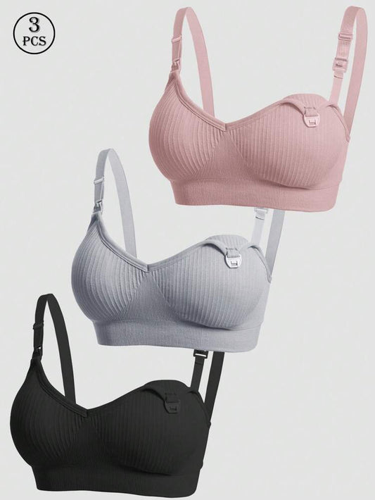 3 Pcs Seamless Ribbed Nursing Bra Set for Women – Wireless Maternity & Breastfeeding Bras with Clip Opening – Shein Style