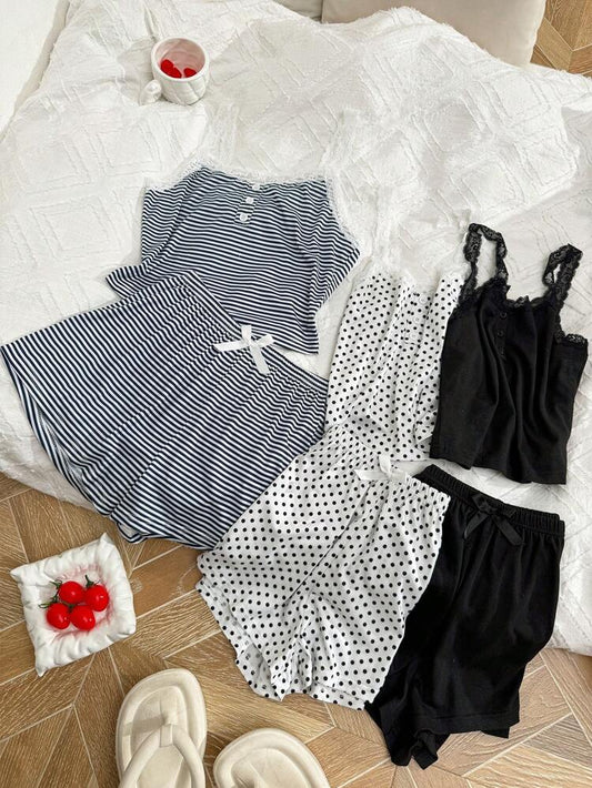 Women’s 3 Pack Lace Trim Pajama Shorts Sets – Stripe, Polka Dot & Black Cami Sleepwear Bundle