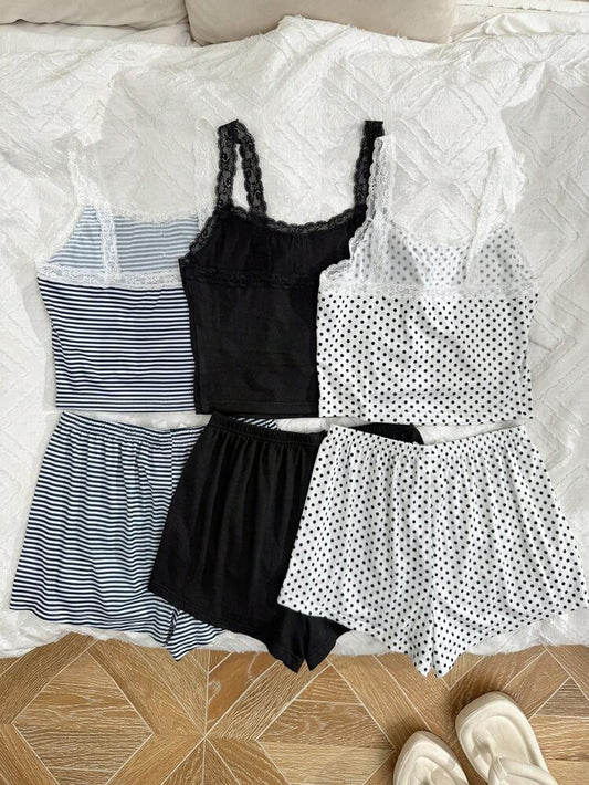 Women’s 3 Pack Lace Trim Pajama Shorts Sets – Stripe, Polka Dot & Black Cami Sleepwear Bundle