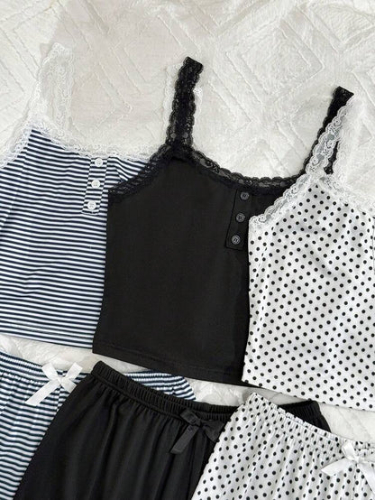 Women’s 3 Pack Lace Trim Pajama Shorts Sets – Stripe, Polka Dot & Black Cami Sleepwear Bundle
