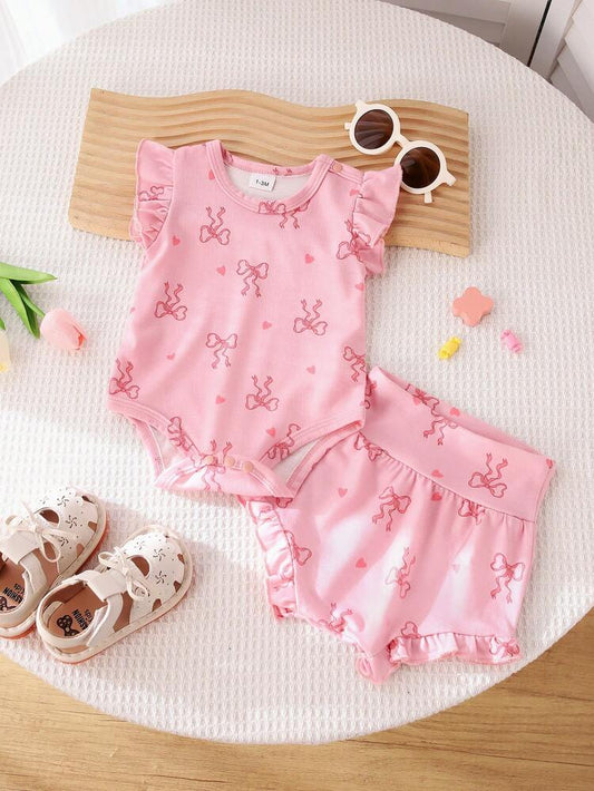 Baby Girl 2-Piece Pink Bow Print Outfit – Flutter Sleeve Bodysuit & Ruffle Shorts Set