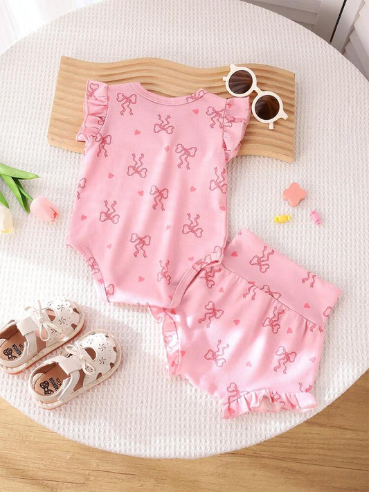 Baby Girl 2-Piece Pink Bow Print Outfit – Flutter Sleeve Bodysuit & Ruffle Shorts Set