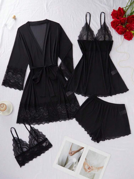 Black Lace Satin 4-Piece Lingerie Set – Night Dress, Robe, Shorts & Bralette