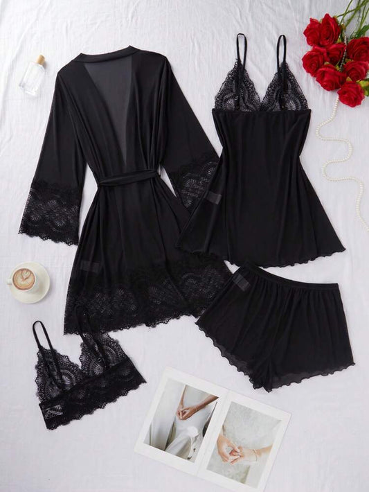 Black Lace Satin 4-Piece Lingerie Set – Night Dress, Robe, Shorts & Bralette