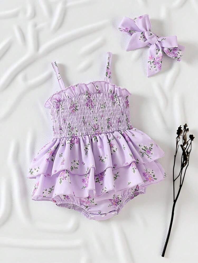 Baby Girls Floral Ruffle Romper Dress with Matching Bow – Lilac Purple Summer Outfit