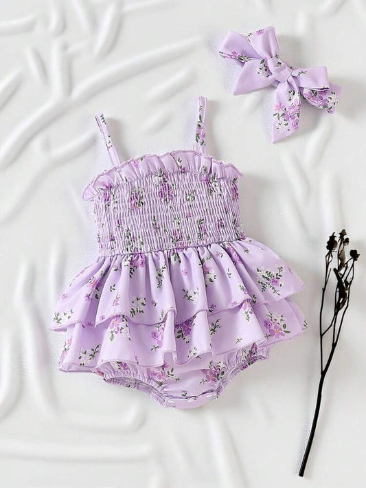 Baby Girls Floral Ruffle Romper Dress with Matching Bow – Lilac Purple Summer Outfit
