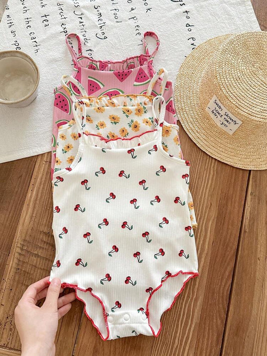 3-Pack Baby Girl Ribbed Bodysuit Set – Cherry, Daisy & Watermelon Print Sleeveless Summer Onesies