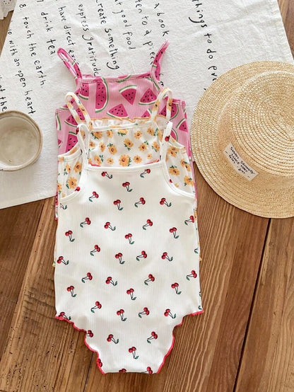 3-Pack Baby Girl Ribbed Bodysuit Set – Cherry, Daisy & Watermelon Print Sleeveless Summer Onesies