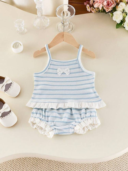 Baby Girl 2-Piece Ribbed Stripe Outfit – Blue Sleeveless Ruffle Top & Bloomer Shorts Set